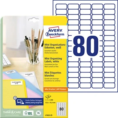 Afbeelding van AVERY Zweckform L7632 25 Mini organisatie etiketten (2.000 stuks, 35,6 x 16,9 mm, vellen) wit