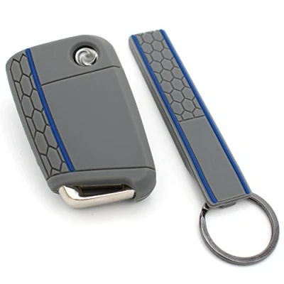 Afbeelding van Finest Folia Sleutelhoes + keytag VB voor 3 toetsen, siliconen autosleutel, asgrijs blauw