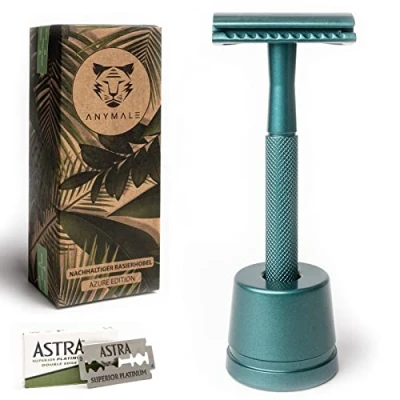 Afbeelding van ANYMALE® Azure Edition scheerapparaat, plasticvrij set met standaard en 5 Astra messen, nat scheerapparaat voor dames heren