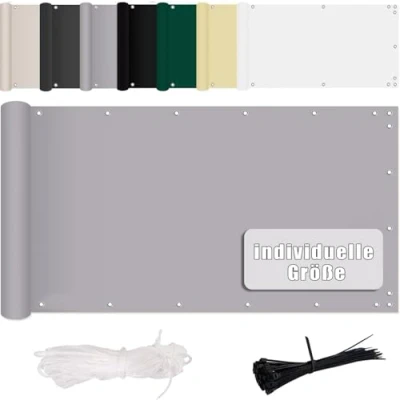 Afbeelding van MENGH Inkijkbescherming, 80 x 450 cm, geschikt voor balkons, windscherm, zonwering, met inslagringen, nylon kabelbinders en koord, decoratie balkon balustrades, terras tuin, lichtgrijs