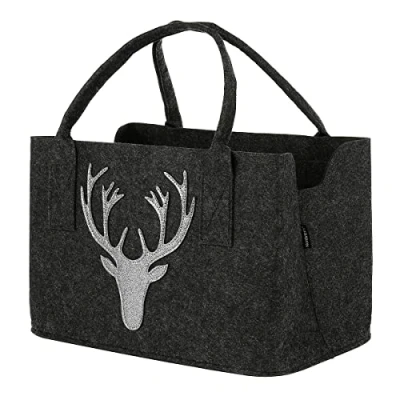 Afbeelding van Nordstern Vilten tas brandhout met fonkelende hertenkop donkergrijs 40 x 25 cm, donkergrijs, cm