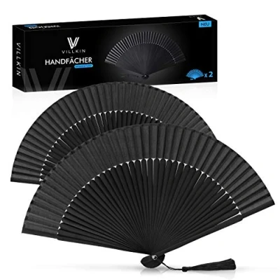 Afbeelding van Villkin 2 x handwaaiers, origineel, handwaaiers voor afkoeling in de zomer, bruiloften en carnaval (zwart, set van 2)