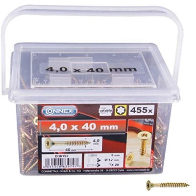 Afbeelding van Connex Universele schroeven 4,0 x 40 mm 455 stuks in set verzonken kop TX aandrijving gedeeltelijke schroefdraad geel verzinkt/schroevenset/schroefemmer / B30192