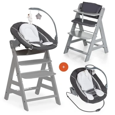 Afbeelding van hauck Kinderstoel Alpha Plus Newborn Set Deluxe 5 delige Houten Meegroeistoel vanaf de Geboorte incl. Wipstoeltje, Zitkussens, Speelmobiel en Gordel Grijs