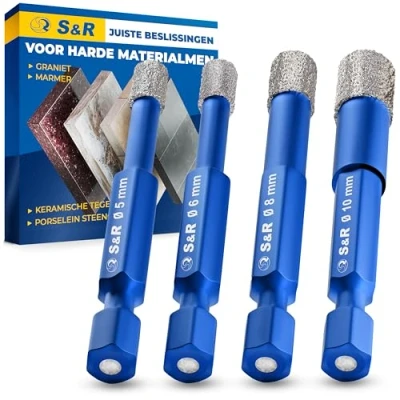 Afbeelding van S&amp;R Diamantboorset, Tegelboor set, Glasboorset 4 delig 5, 6, 8, 10 mm, Zeskantschacht, voor Keramiek, Graniet, Glas, Tegels, Porselein, Metselwerk, Marmer, in Stevige Opbergdoos