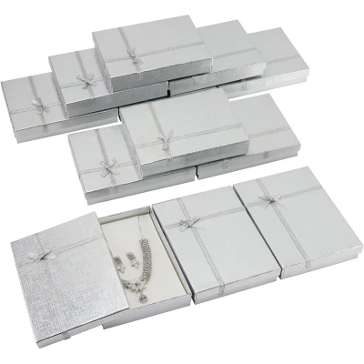 Afbeelding van Kurtzy 12 Pak Zilveren Sieraden Display Geschenk Doosjes L16 x B12 H3 cm Kartonnen Verpakkings Doos met Lint en Strik Voor Oorbellen, Kettingen, Armbanden &amp; Ringen