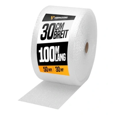 Afbeelding van verpacking 1 rol noppenfolie 100 m lang dikte 50 my, knalfolie blisterfolie 30 cm breed bekledingsmateriaal vulmateriaal voor dozen