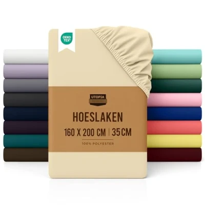 Afbeelding van Utopia Bedding Hoeslaken, 35 cm Diepe, Eenvoudig onderhoud Zachte Geborstelde Microvezel Stof, Krimp en Vervaagt Bestendig (160 x 200 cm, Beige)