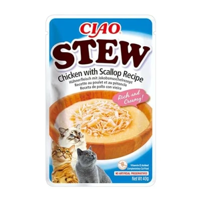 Afbeelding van INABA Churu Stew Stoofpot voor katten, recept snacks, kip/sint jakobsschelp, rijke en romige onderscheidingen, graanvrij, conserveringsmiddelen, kleurstoffen, weinig calorieën, 40 g
