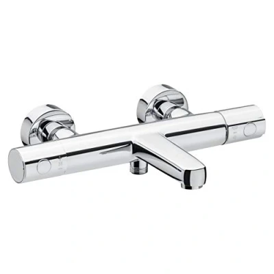 Afbeelding van Cornat Badthermostaatkraan &quot;Derval&quot; hoogwaardige messing behuizing verchroomd temperatuurkeuzegreep &amp; warmwaterblokkering/eengreepsmengkraan voor wandmontage/badkraan/badarmatuur / DER2