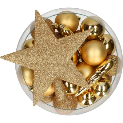 Afbeelding van Bellatio Decorations set 33x stuks kunststof kerstballen met ster piek goud Kerstbal