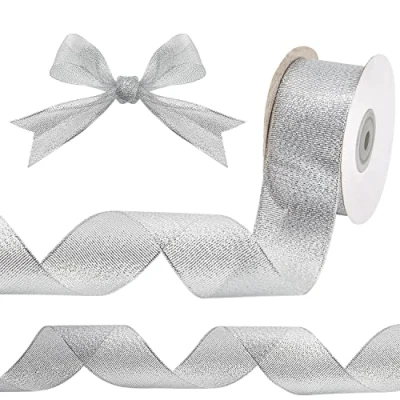 Afbeelding van Belle Vous Metallic Zilver Organza Kerst Glitter Lint Spoel 23 m Lang Rol, 40 mm Breed Glitterdraad Kerstboomlint voor Geschenkverpakken, Hobby &amp; Feestdecoraties