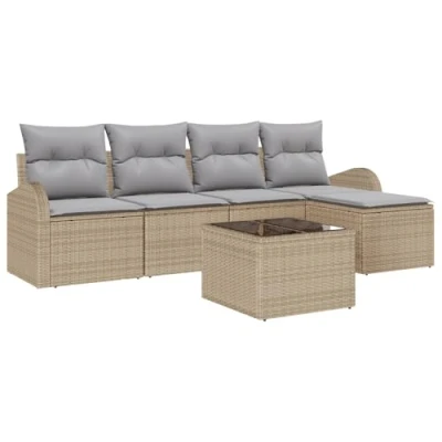 Afbeelding van vidaXL 6 delige Tuin Sofa Set met Kussens Zwart Poly Riet, 2 zits Opbergruimte &amp; Beige Riet