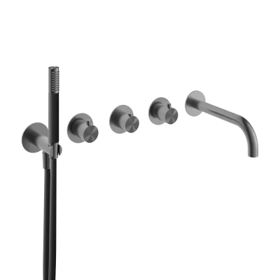 Afbeelding van HotBath Archie Afbouwdeel douche thermostaat met 2 stopkranen uitloop Geborsteld Gunmetal PVD AR7072EXTBGP