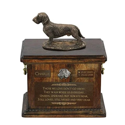 Afbeelding van Art Dog Custom Sitting Statue Memorial Urn Handgemaakt koud gegoten brons op berkenhouten voet 8,3x11,4x8,7 5l Teckel