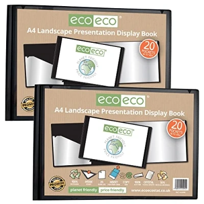 Afbeelding van eco A4 50% gerecycled 20 vakken zwart landschap presentatie display boek, opbergkoffer portfolio kunstmap met plastic hoezen (pak van 2), eco095x2