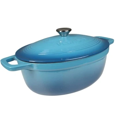 Afbeelding van VeoHome geëmailleerd gietijzeren braadpan, blauw, 6 l, ovaal, zeer resistent, kookpan, geschikt voor inductie/gas/oven, homogeen koken, authentieke smaken, reliëfdeksel