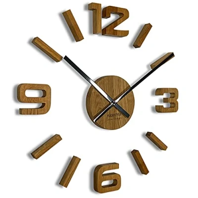 Afbeelding van FLEXISTYLE 3D wandklokken DIY hout eiken groot 50 75cm (dikte 19MM!) voor kantoor woonkamer slaapkamer decoratief artikel (zwarte wijzers, hout), z54g eco75 d 1 x