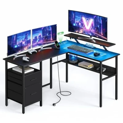Afbeelding van VASAGLE L vormig bureau met stopcontacten, hoekbureau, computerbureau, monitorstandaard, speeltafel, LED verlichting, USB poorten, 150 x 120 76 cm, ebbenzwart LWD095B01