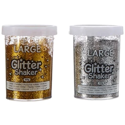 Afbeelding van Baker Ross Jumbo gouden en zilveren glittershakers voor kinderen kunst ambachten grote glittercontainers ideaal knutselen in klaslokalen, scholen kleuterscholen (Pack van 2), 100 g
