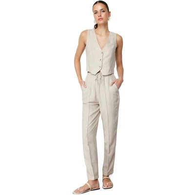 Afbeelding van Trendyol Beige Rechte/Recht Gesneden Katoenen Linnen Geweven Broek Met Elastische Taille Twoss24Pl00063