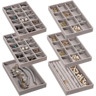 Afbeelding van Frebeauty Sieraden Organizer Tray, Stapelbare Fluwelen Trays, Lade inzetstukken, Oorbellen voor Vrouwen Meisjes, Opbergdoos Ringen, Oorknopjes, Set van 6 (Grijs)