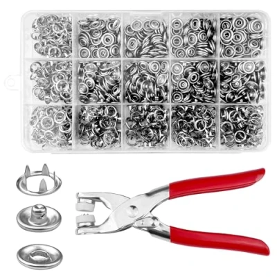 Afbeelding van Chiluxendo Set van 200 drukknopen 9,5 mm, zilver, metalen drukknopen, roestvrij, met tang voor handwerk, kleding, tassen