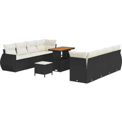 Afbeelding van vidaXL 11 Delige Tuinbank Set met Kussens Zwart Poly Rattan Acacia, 3 Tuin Eetset Acacia