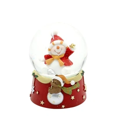 Afbeelding van Sneeuwbol Vrolijke sneeuwpop op rode basis met teddyberen, L/B/H/Ø bal 6,5 x 7 9 cm Ø