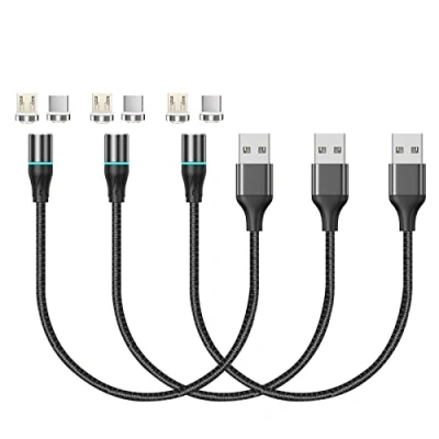 Afbeelding van NetDot Gen12 nylon gevlochten magnetische oplaadkabel en gegevensoverdracht compatibel met micro USB C telefoons (0,3 m/3 stuks, zwart)