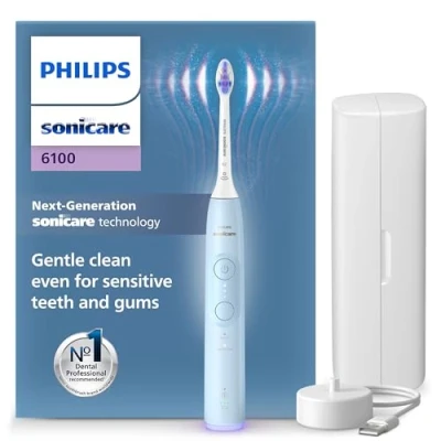 Afbeelding van Philips Sonicare 6100 elektrische tandenborstel, sonische 2 poetsstanden en 3 intensiteitsniveaus, drukwaarschuwing, EasyStart, SmartTimer BrushPacer, lichtblauw, model HX7406/02
