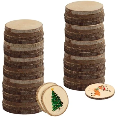 Afbeelding van Kurtzy 50 Stuks Natuurlijke Onafgewerkte Houten Schijven 6 7 cm Diameter Blokcirkels met Schors en Zonder Gat Voor DHZ Kunst Ambachten, Kerstversieringen Huwelijksdecoraties