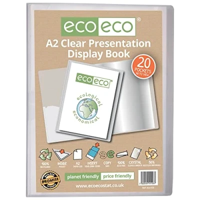 Afbeelding van eco A2 Maat 50% Gerecycleerd 20 Pocket Clear Presentatie Display Book, Opbergkoffer Portfolio Art Folder met Plastic Sleeves, eco103