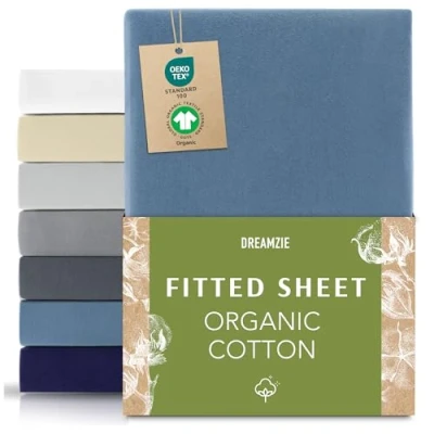 Afbeelding van Dreamzie Hoeslaken 80x200 cm, 100% biologisch katoenjersey, matrashoogte tot 22 hypoallergeen, Oeko Tex, blauw