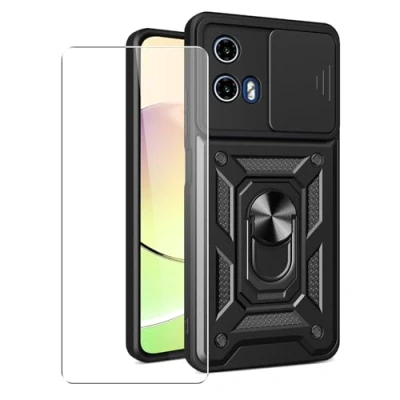 Afbeelding van SDTEK Hoesje voor Motorola Moto E14 telefoonhoesje met cameralensbescherming, standaard, magnetische ringhouder en glazen displaybeschermer (zwart)