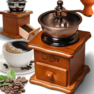 Afbeelding van Retoo Koffiemolen, bruin, retro, handmatige koffiemolen op hout met handslinger, draagbaar, in antiek design, espressomolen voor koffiebonen, roestvrij staal