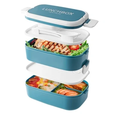 Afbeelding van Bento Lunchbox stapelbaar, 1500 ml containers met 4 compartimenten en bestek, lekvrije 2 laagse dozen, voor volwassenen kinderen, kantoor, magnetron vaatwasmachinebestendig (blauw)