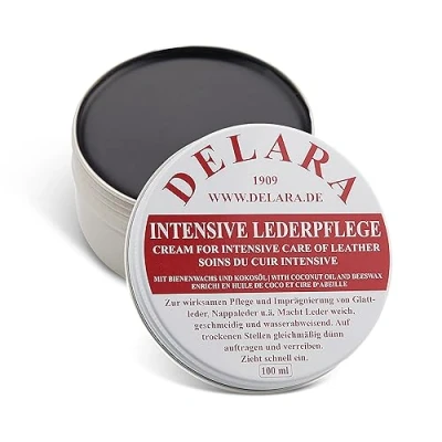 Afbeelding van DELARA Intensieve leerverzorging, zwart, 100 ml Impregneert en beschermt leer zeer effectief. Nieuwe formule met hoogwaardige kokosolie bijenwas Made in Germany