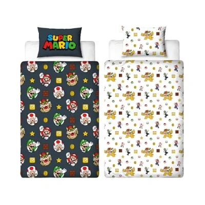 Afbeelding van Nintendo Super Mario Officiële Eenpersoons Dekbedovertrek Set met Mario, Luigi en Bowser Design Zwart Omkeerbaar 2 zijdig Beddengoed Cover Merchandise Inclusief Bijpassende Kussensloop
