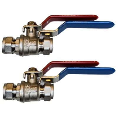 Afbeelding van TC Pack van 2 x 15 mm hefboom kogelkraan volledige boring compressie isolatieklep rood/blauw dubbele handgreep afgesloten stroom WRAS goedgekeurd