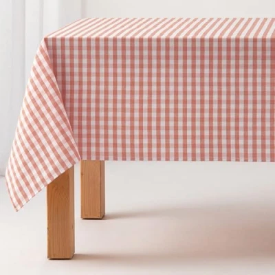 Afbeelding van GAMUSI Vlekbestendig rechthoekig tafelkleed met Vichy ruitpatroon, katoenen en waterdicht 140 x 240 cm, zalmkleurig