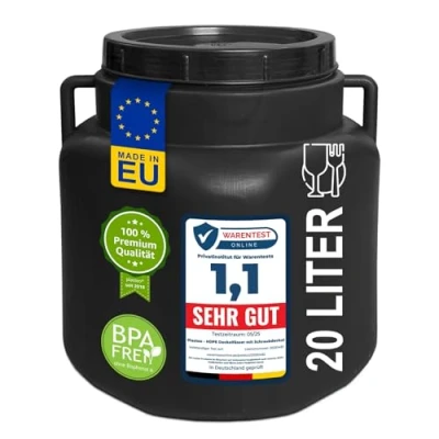 Afbeelding van plasteo® 20 liter brede hals met deksel en handgrepen, rechthoekig, zwart, geschikt voor levensmiddelen BPA vrij, kunststof vat, universeel dekselvat, watervat, regenton, opslagvat