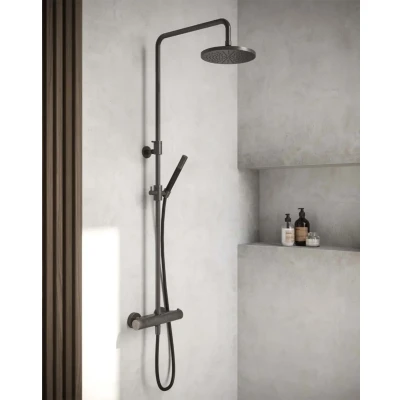 Afbeelding van HotBath Cobber thermostatische regendoucheset met 20cm ronde hoofddouche staafhanddouche messing verouderd
