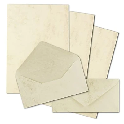 Afbeelding van Set van 25 x briefpapier, DIN A4, met lange enveloppen, nat kleven, chamois gemarmerd (crèmekleurig), mat schrijfpapier enveloppen FarbenFroh by GUSTAV NEUSER