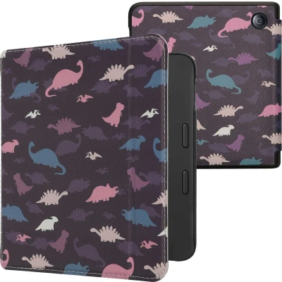 Afbeelding van kwmobile E reader hoesje geschikt voor Tolino Vision 6 hoes flip case met magnetische sluiting Ereader cover Bonte dinosauriërs design in paars / geel blauw