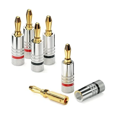 Afbeelding van conecto Professionele banaanstekkers voor alle luidsprekerkabels met een diameter van max. 6 mm², 4 stuks allround kleurring, rood/zwart, 24 karaat vergulde connectoren, zilver