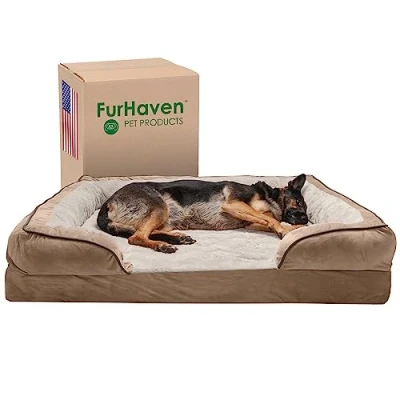 Afbeelding van Furhaven XXL hondenbed van traagschuim, perfect comfort, pluche en fluwelen golven, bankstijl met afneembare wasbare hoes Brownstone, Jumbo Plus (XX Large)