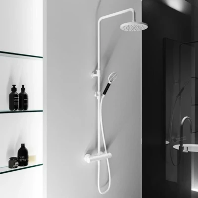 Afbeelding van HotBath Cobber thermostatische regendoucheset met 20cm ronde hoofddouche handdouche koper Geborsteld PVD
