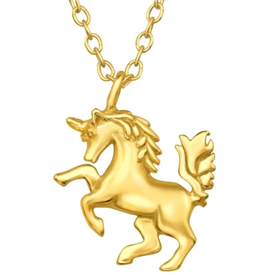 Afbeelding van JoyS Zilveren eenhoorn paard hanger met ketting 39 cm extra oogje op 36 14k goudplating voor kinderen