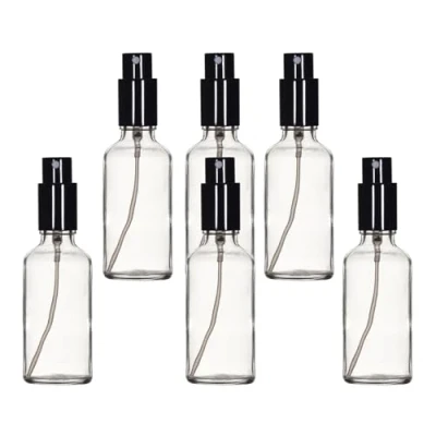 Afbeelding van Yizhao Boston Glasflaschen, 50 ml, transparent, mit schwarzem feinem Sprühnebel, für ätherische Öle, Reinigung, Parfüm, Reiseflüssigkeit, Make up, tragbare Kosmetikflasche, 6 Stück